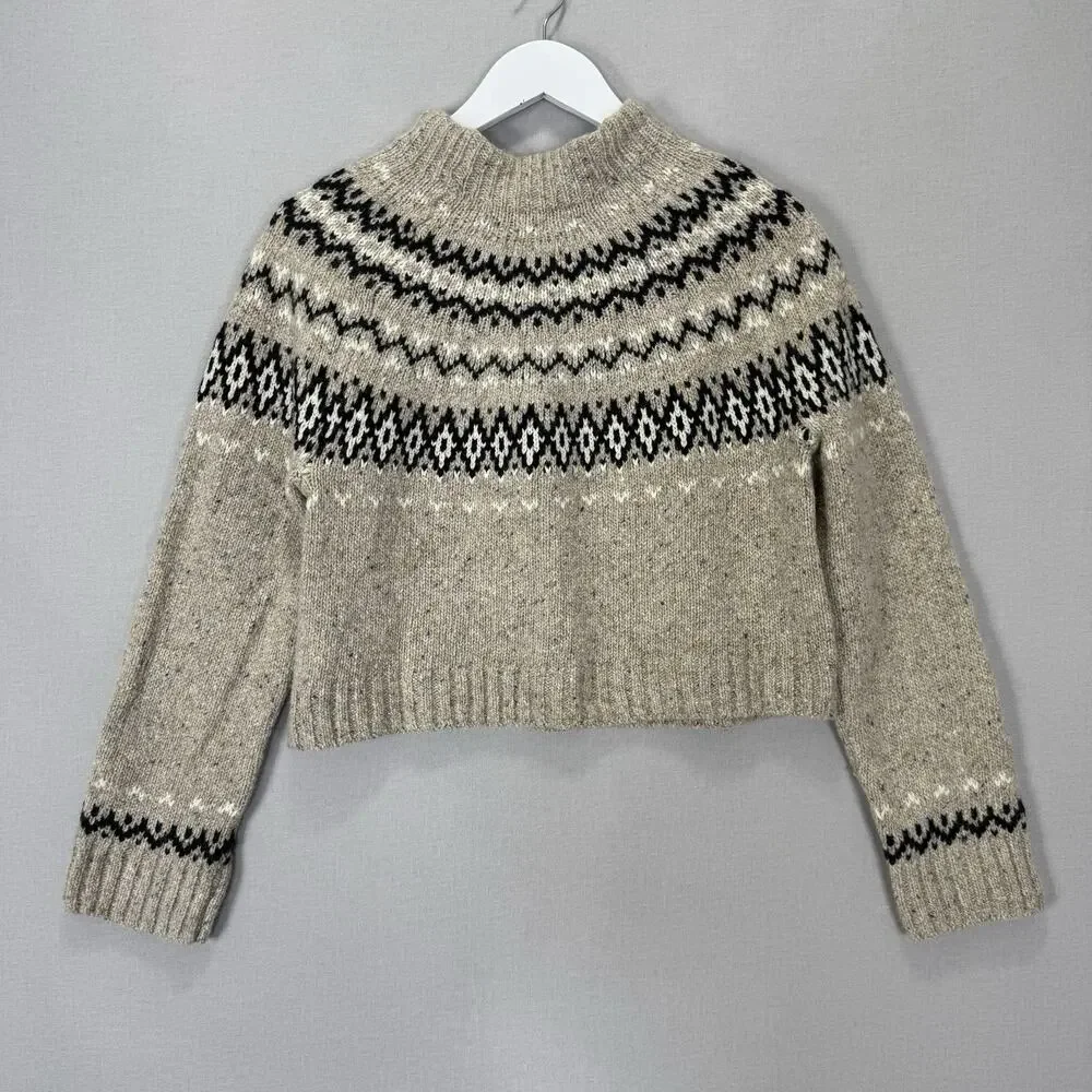 J.Crew Fair Isle Wide Mockneck Sweater Womens Small Beige Wool Blend Nordic Boho